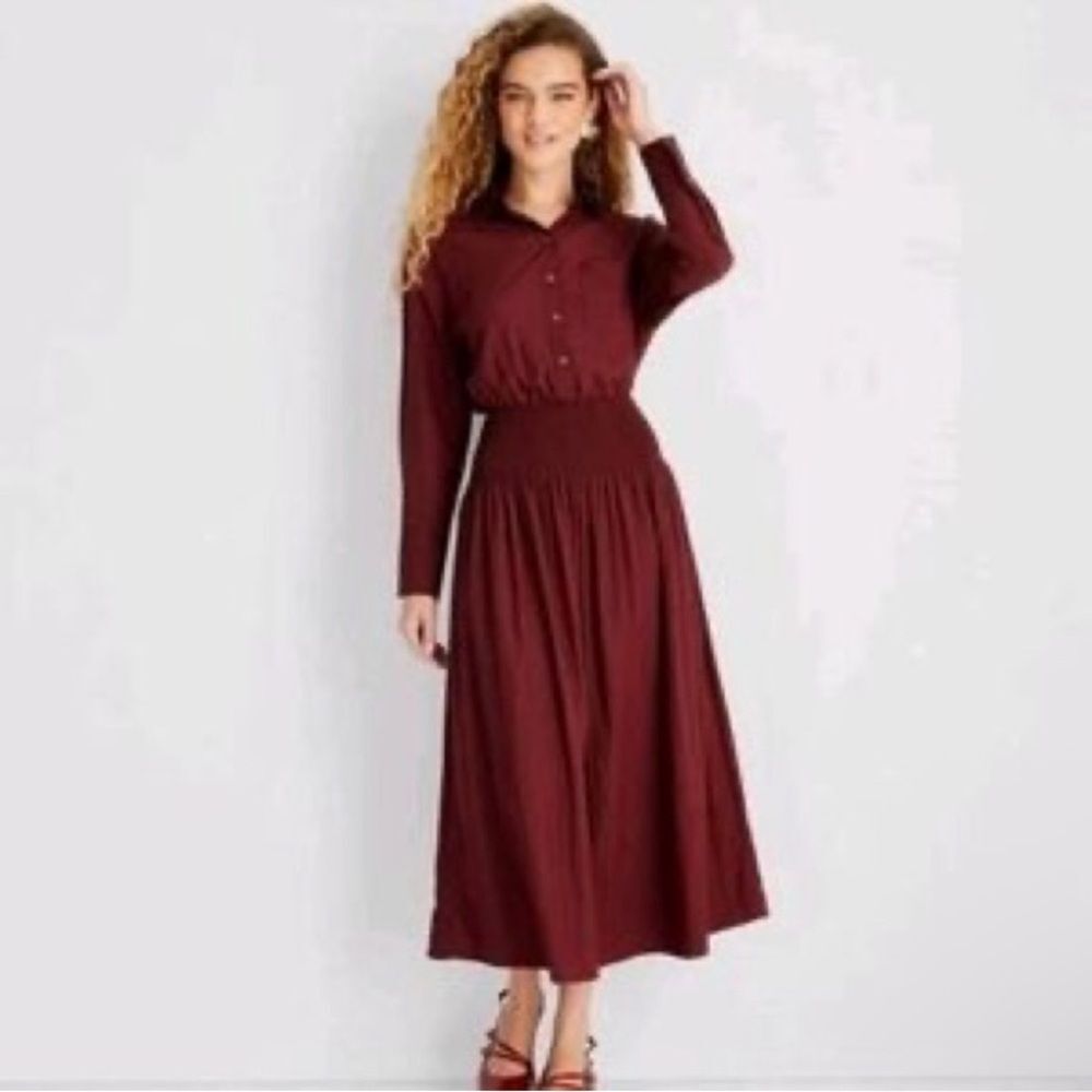 Future Collective Burgundy Smocked Midi Dress NWT - S & M available